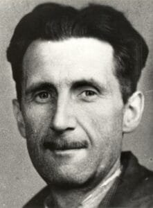 Black and white press portrait photograph of George Orwell, English author of Nineteen Eighty-Four and Animal Farm, circa 1940s