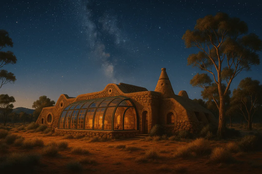 Solaria Sustainable Living. An earthship-style building with a greenhouse atrium set in an arid Australian landscape at dusk, concept image for the Solaria Regenerative Community Project