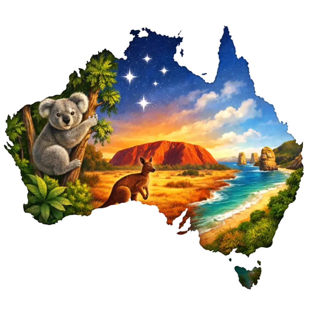 Illustrated map of Australia showing Uluru, a kangaroo, a koala, forest, desert, beach, and the Southern Cross constellation.