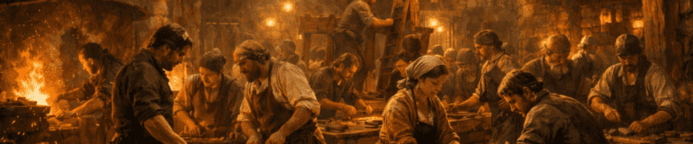 A painterly cinematic scene of craftspeople and artisans working together by firelight in a medieval workshop — the visual gateway to the Atlas Bibliotheca's collection of cooperative and mutual aid literature