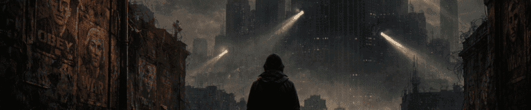 A lone figure stands before an oppressive dystopian cityscape at night, propaganda posters reading OBEY and WAR line the crumbling walls, searchlights sweep the sky - the visual gateway to the Atlas Bibliotheca's collection of Dystopian literature and political warnings.