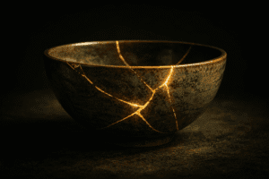 Restorative Justice. Kintsugi - Broken bowl repaird in the japanse style with Gold