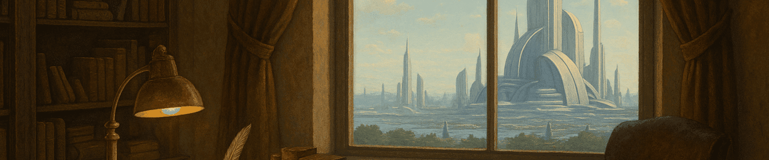 A scholar's candlelit study filled with ancient books and a quill pen, looking through an arched window toward a gleaming futuristic city — the visual gateway to the Atlas Bibliotheca's collection of utopian literature and foundational visionary works