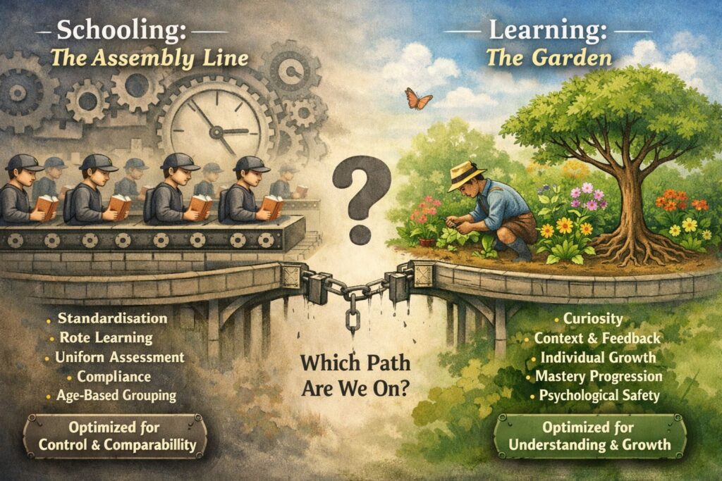 Graphic highlighting the difference between schooling and learning featured in Feb edition of The Atlas Brief