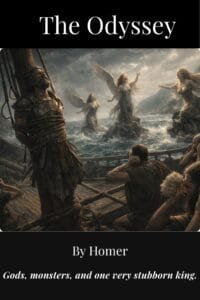 Book cover for The Odyssey by Homer, translated by Samuel Butler, featuring a dramatic scene of Odysseus bound to the mast as the Sirens sing — available free in the Atlas Bibliotheca