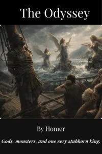 Book cover for The Odyssey by Homer, translated by Samuel Butler, featuring a dramatic scene of Odysseus bound to the mast as the Sirens sing — available free in the Atlas Bibliotheca