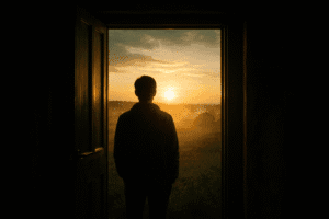 Universal Basic Income Australia, person looking out at dawn, carefree and hopeful.