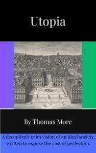 Book cover for Utopia by Thomas More featuring a 16th century engraving of an idealised city, available free in the Atlas Bibliotheca