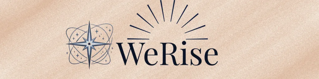 WeRise Wordmark. Stylised star next to WeRise text with rays surrounding it