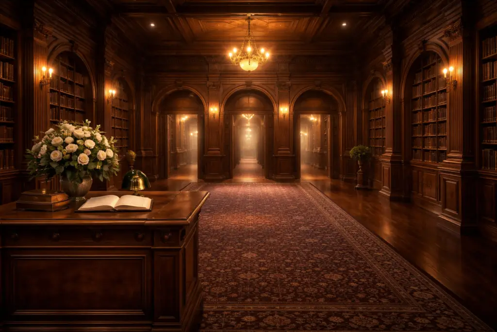 The entrance hall of the Atlas Bibliotheca - a grand Victorian library with mahogany panelling, candlelight, and arched doorways leading to six wings of curated knowledge.
