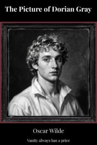 Cover of The Picture of Dorian Gray by Oscar Wilde — a black-and-white painterly portrait of a young man in an ornate frame with a cracked-canvas finish, set within a deep burgundy border. Atlas Mouseion Librarium edition.